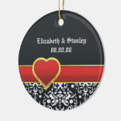 白黒ダマスク赤いハート結婚式日付を保存 セラミックオーナメント (左)