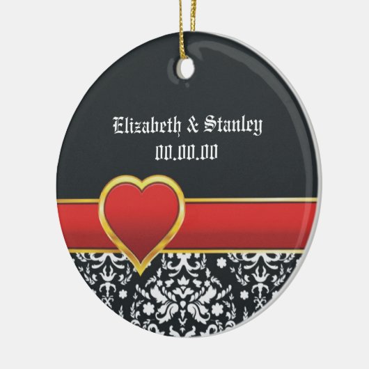 白黒ダマスク赤いハート結婚式日付を保存 セラミックオーナメント (左)