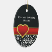 白黒ダマスク赤いハート結婚式日付を保存 セラミックオーナメント (右)