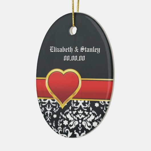 白黒ダマスク赤いハート結婚式日付を保存 セラミックオーナメント (左)