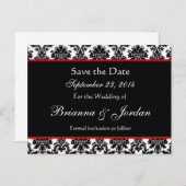 白黒ダマスク赤アクセント日付の保存 案内ポストカード (正面/裏面)