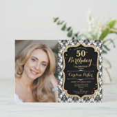 白黒ダマスク金ゴールド写真50誕生日 招待状 (スタンド正面)