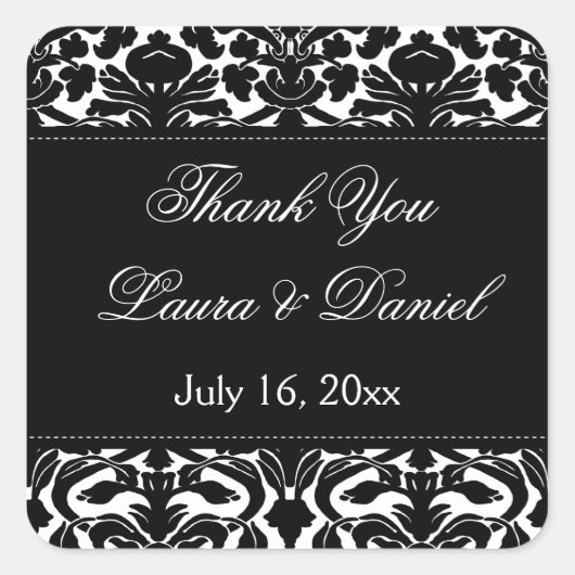 白黒ダマスク1.5インチサンキューステッカー スクエアシール (正面)
