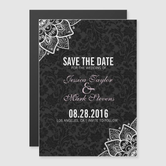 白黒ダマスク&レース マグネット招待状 (正面/裏面)