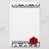 白黒ダマスク,赤ワックスシールモノグラム 便箋 (正面/裏面)