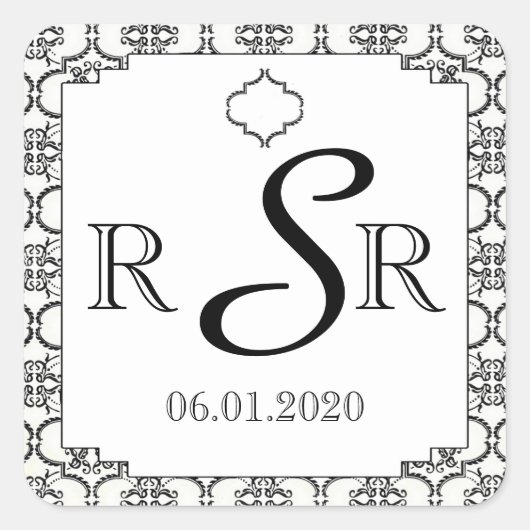 白黒ダマスコウェディングモノグラム スクエアシール (正面)
