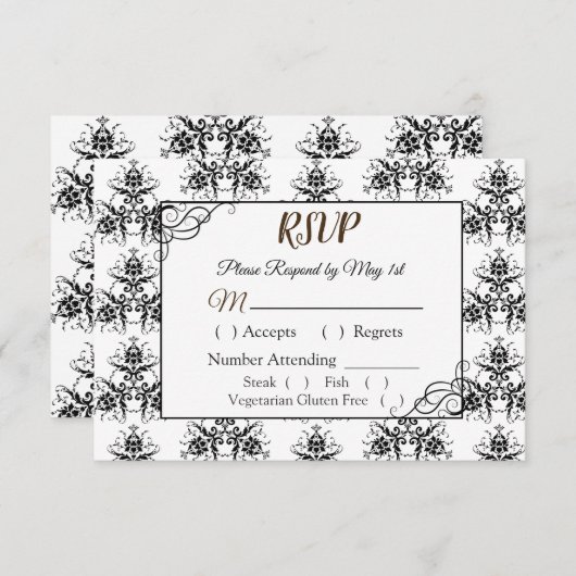 白黒ダマスコウェディングRSVPカード 出欠カード (正面/裏面)