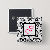 白黒ダマススクウェア明るい赤紫色モノグラム 缶バッジ (正面&裏面)