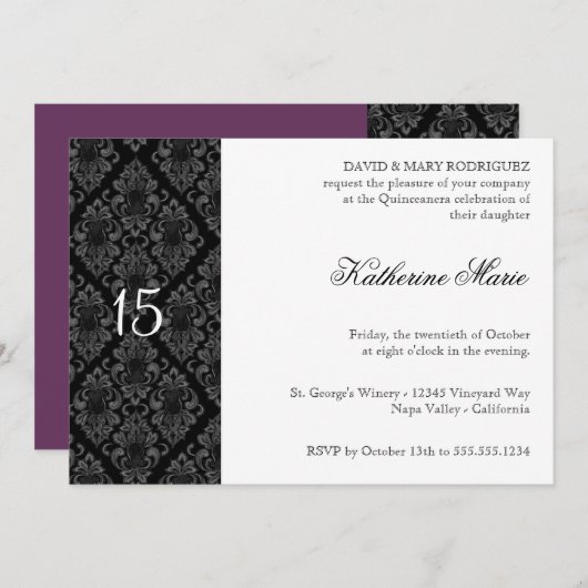 白黒ダマスフォーマルクリハーサルディナー招待状 招待状 (正面/裏面)