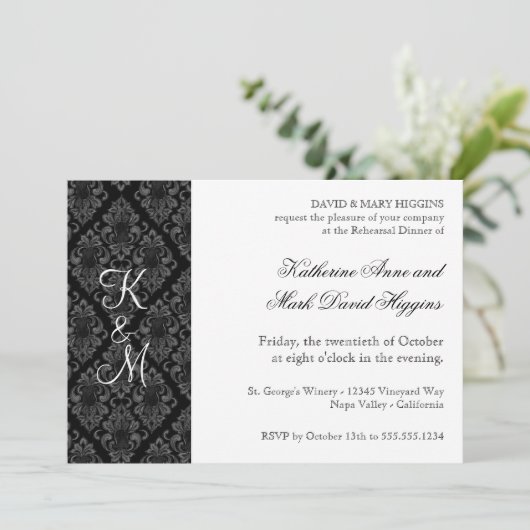 白黒ダマスフォーマルクリハーサルディナー招待状 招待状 (スタンド正面)