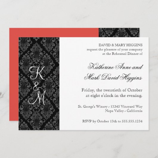 白黒ダマスフォーマルクリハーサルディナー招待状 招待状 (正面/裏面)