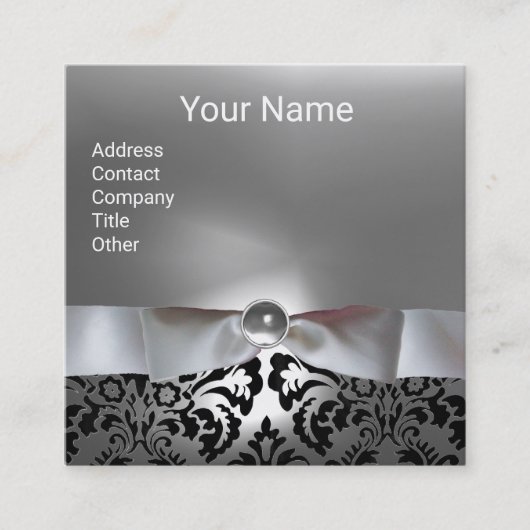 白黒ダマスリボン,グレージェムストーンモノグラム スクエア名刺 (正面)
