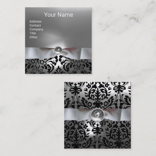白黒ダマスリボン,グレージェムストーンモノグラム スクエア名刺 (正面/裏面)