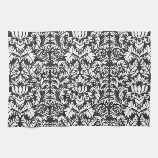白黒ダマスレースブロケード キッチンタオル (横)
