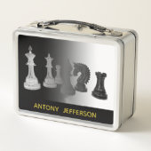 白黒チェスの駒の金ゴールド名 メタルランチボックス (裏面)