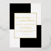 白黒チェステーマモダンの結婚金ゴールド 箔招待状 (正面)