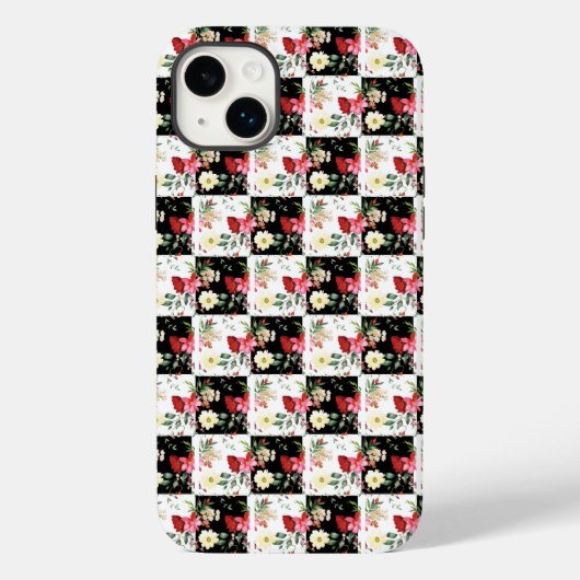 白黒チェッカーボードのシックなピンクの花 Case-Mate iPhoneケース (裏面)