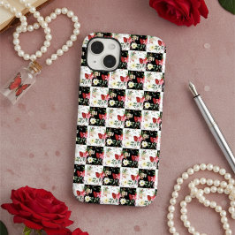 白黒チェッカーボードのシックなピンクの花 Case-Mate iPhone 14 PLUSケース