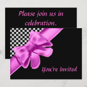 白黒チェッカーボードピンクボウ 招待状 (正面/裏面)