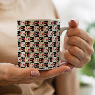 白黒チェッカーボードフローラピンクユニーク コーヒーマグカップ