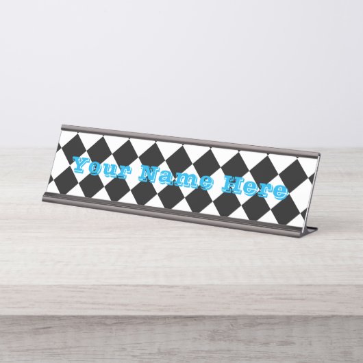 白黒チェッカーボード市松模様にフラグデザイン デスクネームプレート (正面)