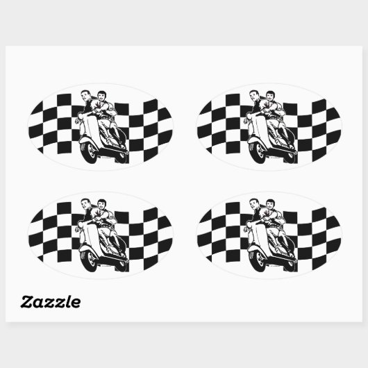 白黒チェックスクーターのライダー 楕円形シール (シート)