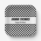 白黒チェックパターンレーステーマ誕生日 ペーパープレート (正面)