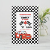 白黒チェックレッドレースカー4th誕生日パーティー 招待状 (スタンド正面)