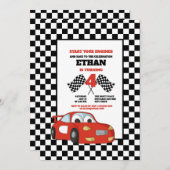 白黒チェックレッドレースカー4th誕生日パーティー 招待状 (正面/裏面)