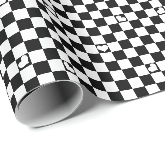 白黒チェック付きハート詳細 ラッピングペーパー (ロールコーナー)