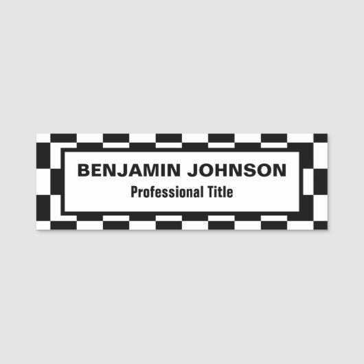白黒チェック模様のパターンフレーム 名札 (正面)