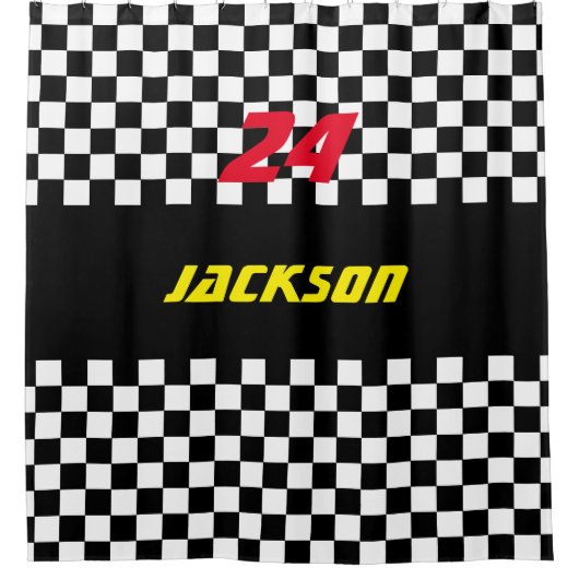 白黒チェック模様の競争ファン シャワーカーテン (正面)