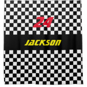 白黒チェック模様の競争ファン シャワーカーテン (正面)