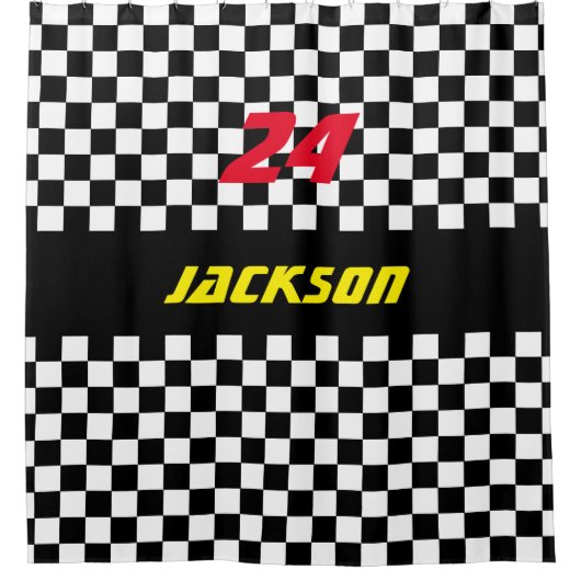 白黒チェック模様の競争ファン シャワーカーテン (正面)