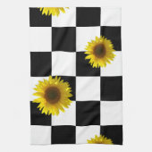 白黒チェック模様及びヒマワリのプリント キッチンタオル (縦)