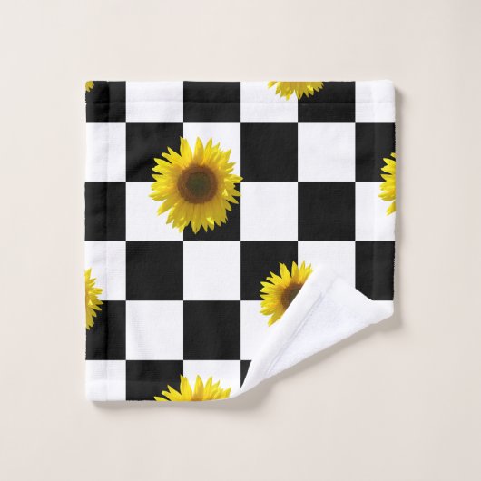 白黒チェック模様及びヒマワリのプリント バスタオルセット (ウォッシュタオル)