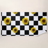 白黒チェック模様及びヒマワリのプリント ビーチタオル (正面)