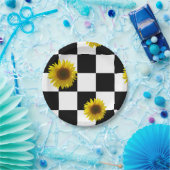 白黒チェック模様及びヒマワリのプリント ペーパープレート (パーティー)