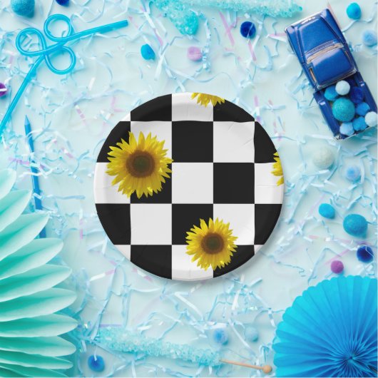 白黒チェック模様及びヒマワリのプリント ペーパープレート (パーティー)