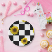 白黒チェック模様及びヒマワリのプリント ペーパープレート (パーティー)