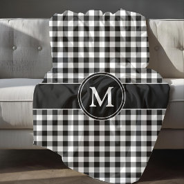 白黒チェック水牛のプレイドパターンモノグラム フリースブランケット