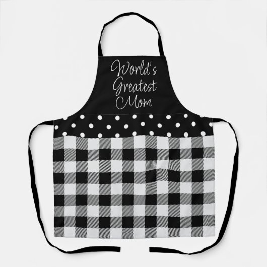 白黒チェック水玉模様世界最高のママA エプロン (正面)