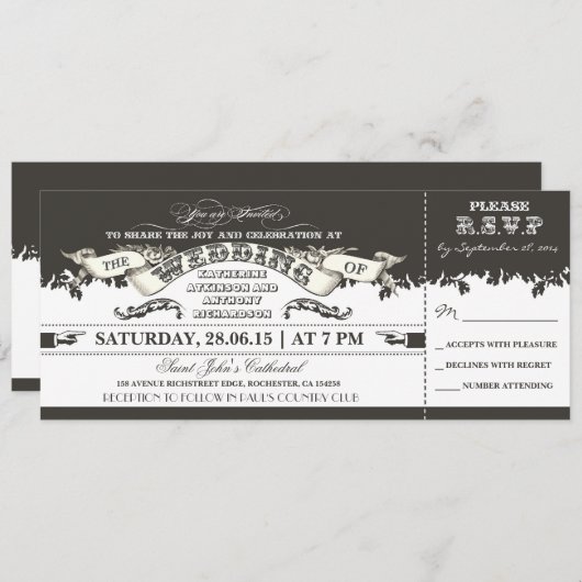 白黒チケットのスタイルの結婚式招待状 招待状 (正面/裏面)