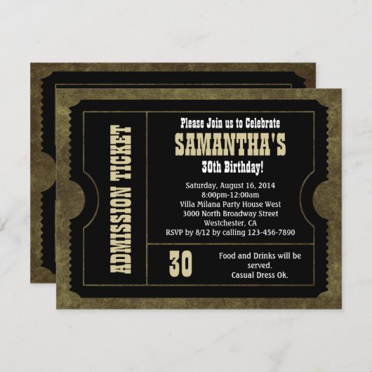 白黒チケット招待状、ヴィンテージスタイル 招待状 (正面/裏面)