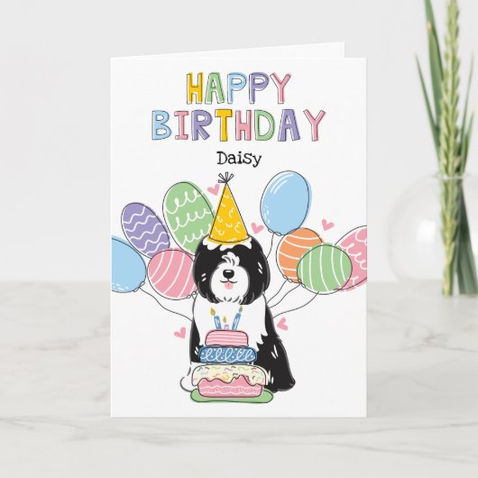 白黒チベットテリアードッグ誕生日パーティー カード (正面)