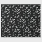 白黒チョークのクリスマスプレゼントと雪 ラッピングペーパー (フラット)