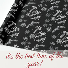 白黒チョークのクリスマスプレゼントと雪 ラッピングペーパー