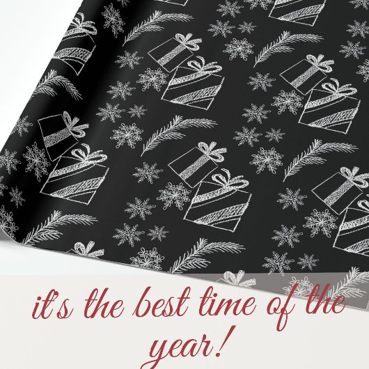 白黒チョークのクリスマスプレゼントと雪 ラッピングペーパー