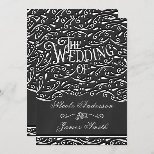 白黒チョークヴィンテージ結婚オーナメント 招待状 (正面/裏面)