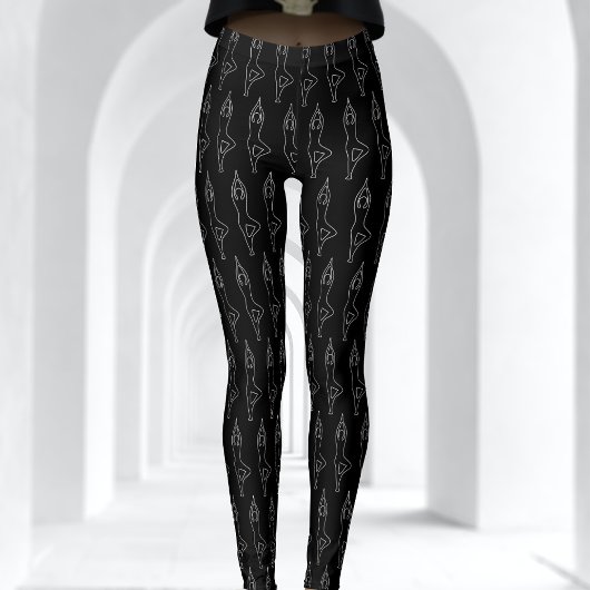 白黒チョーク輪郭ヨガポーズパターン レギンス